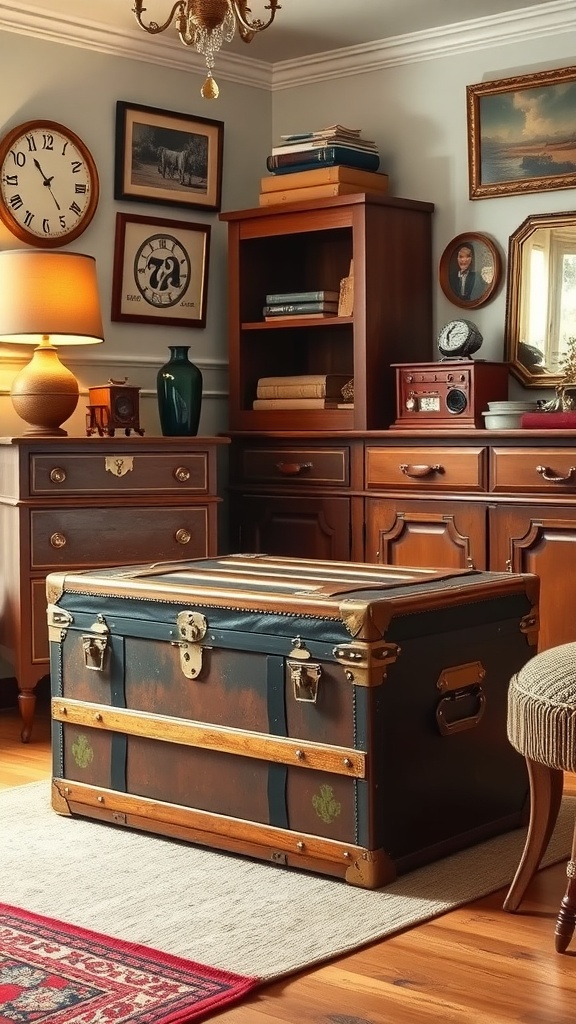 A vintage trunk style ottoman in a warm, inviting room with classic decor.