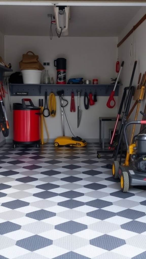 A garage with geometric vinyl flooring, showcasing organized tools and equipment.