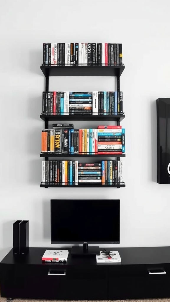 A wall-mounted DVD rack displaying DVDs and books, with a modern aesthetic.
