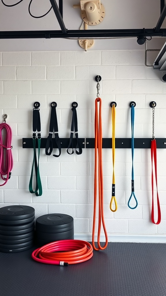 Wall-mounted resistance bands organized on a wall in a garage gym
