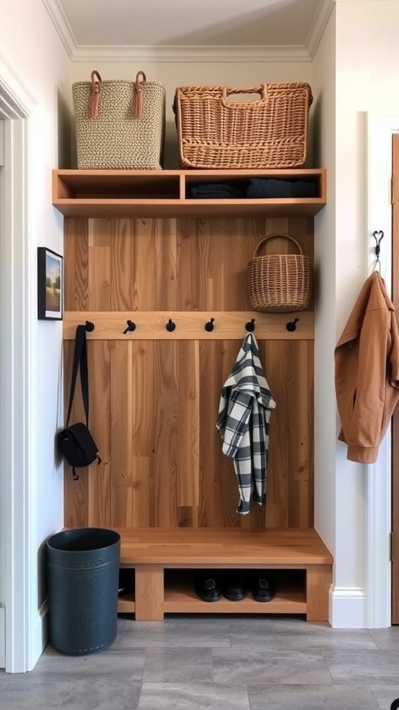 A mudroom closet featuring a wooden bench, hooks, and storage baskets.