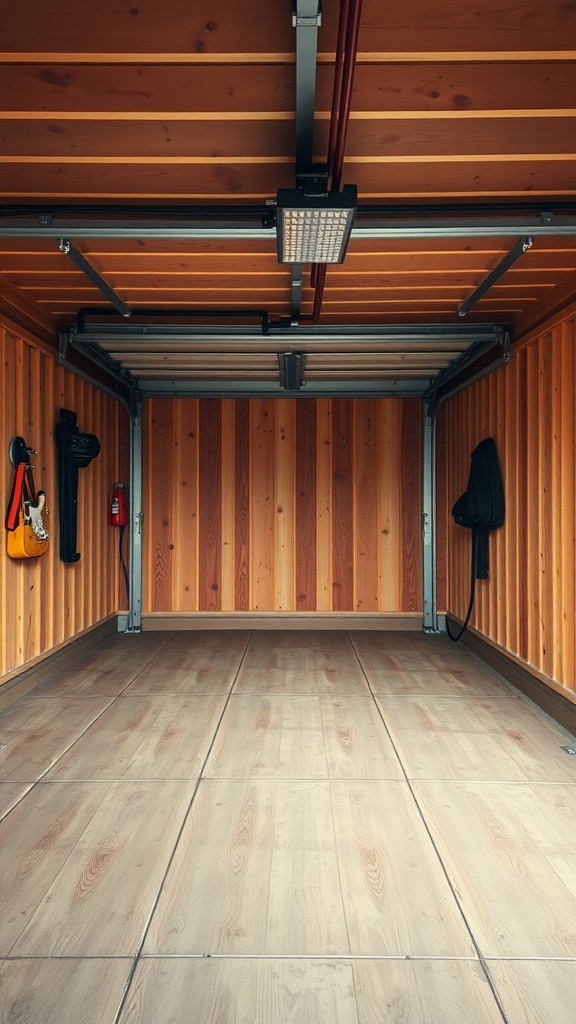 A garage with wooden walls and a wooden floor, showcasing a warm atmosphere.