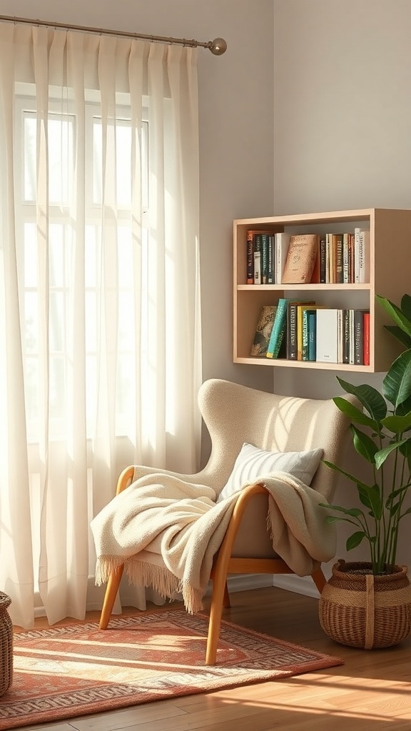 A cozy reading nook featuring a soft chair, a blanket, a bookshelf with books, and a plant, illuminated by natural light.