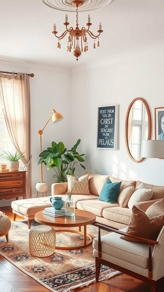 A cozy boho living room featuring a round mirror, warm colors, and natural decor elements.