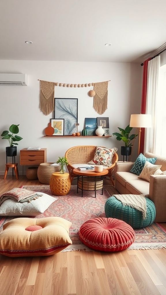 A cozy boho living room with a sofa, colorful floor cushions, and a rattan chair.