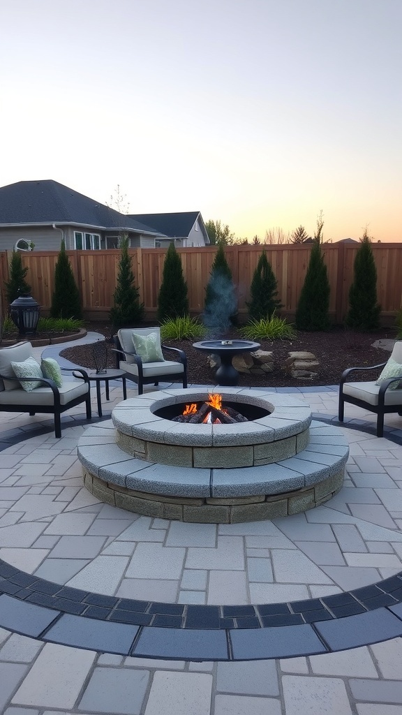 Stylish fire pit surrounded by paver stones and seating area