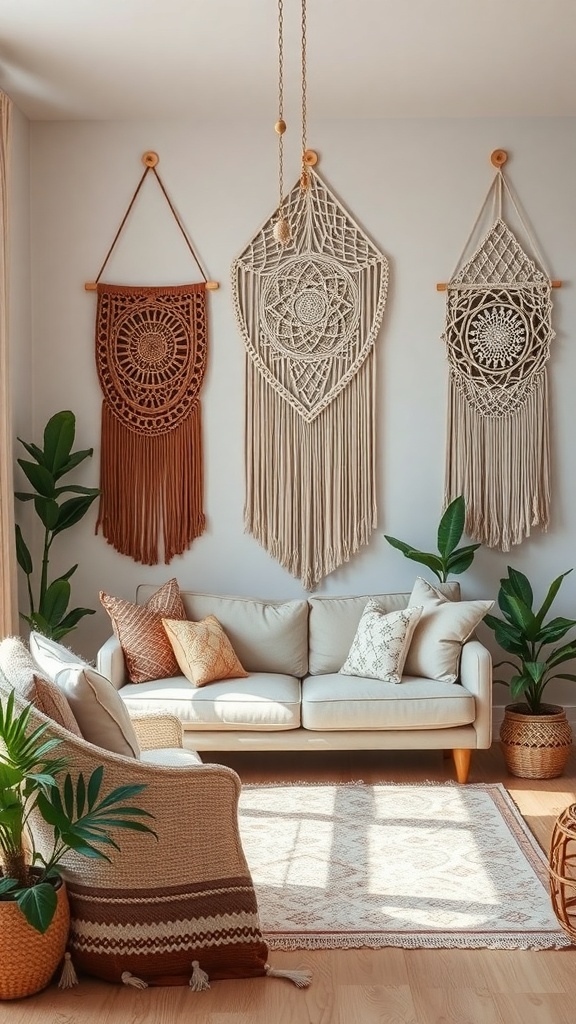 A cozy living room featuring three macrame wall hangings in earthy tones, complemented by plants and a comfortable sofa.