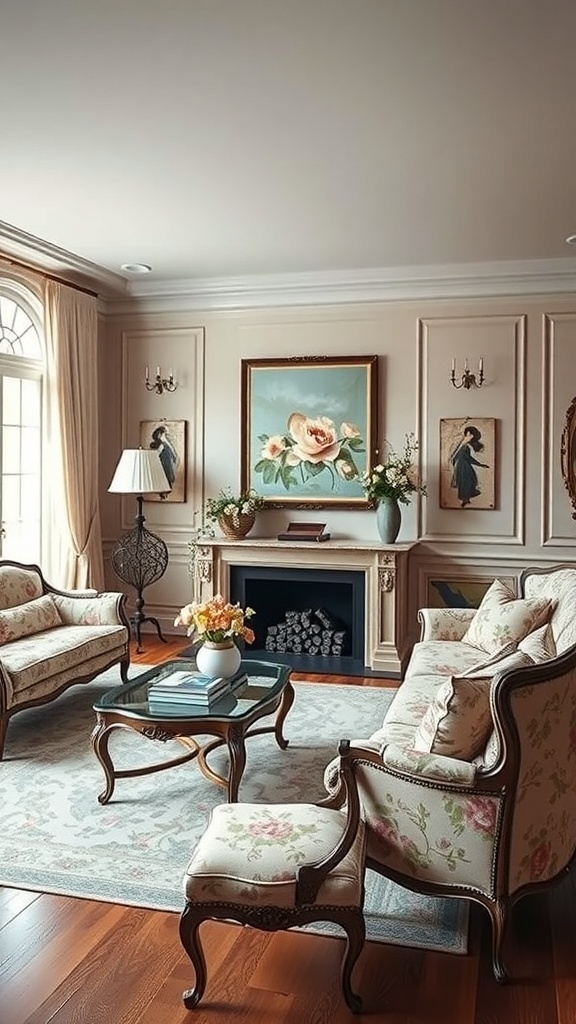 A cozy living room with vintage-inspired furniture featuring floral upholstery, a glass coffee table, and classic artwork on the walls.
