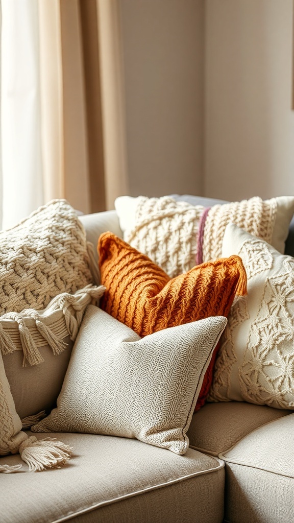 A collection of soft textured throw pillows in various colors and patterns on a couch.