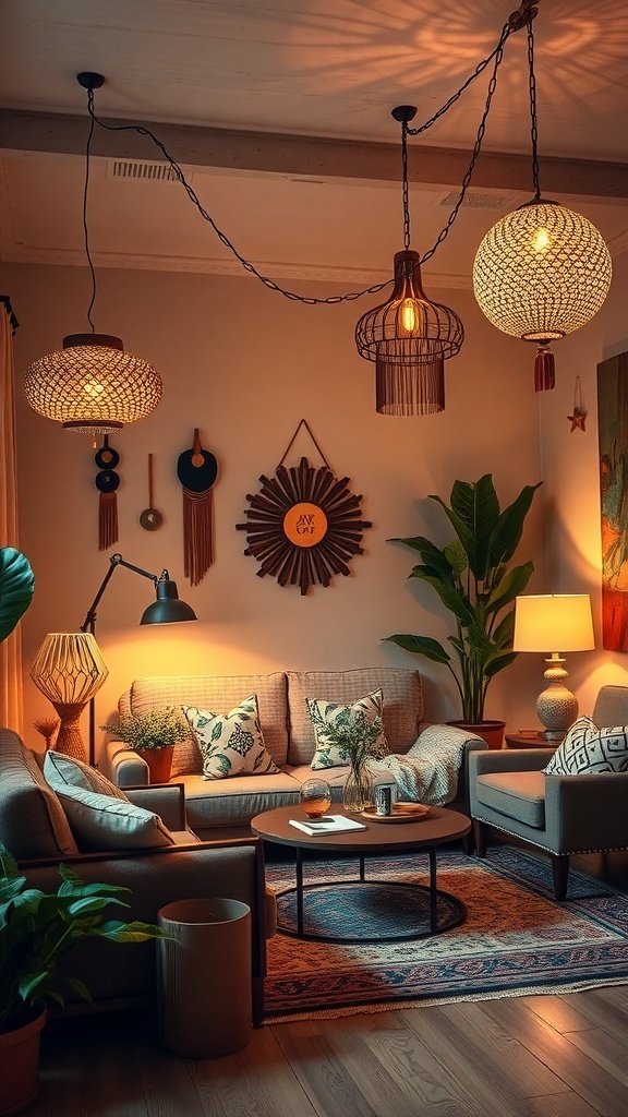A cozy boho living room featuring soft lighting from unique woven light fixtures, plants, and stylish furniture.