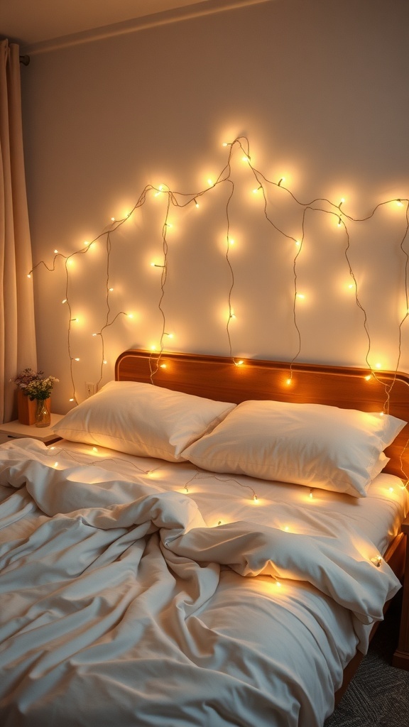 A cozy bedroom with warm fairy lights draped over the wall and bed, creating a soft, inviting atmosphere.