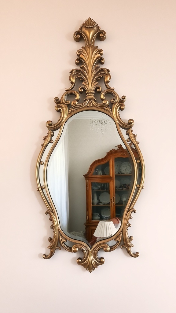 An ornate gold mirror with intricate detailing on a soft pink wall.