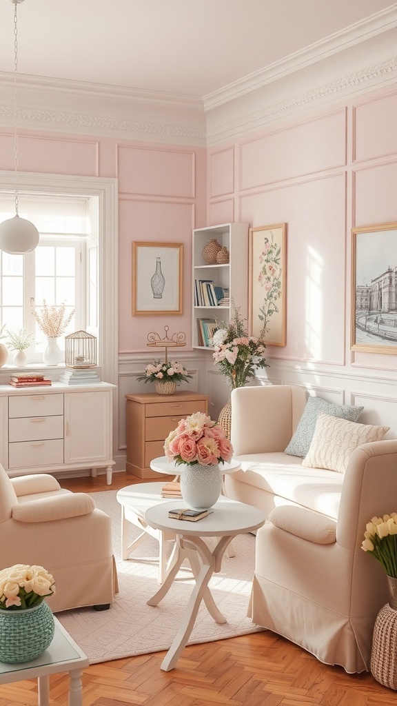 A cozy living room featuring pastel pink walls, light furniture, and floral decorations.