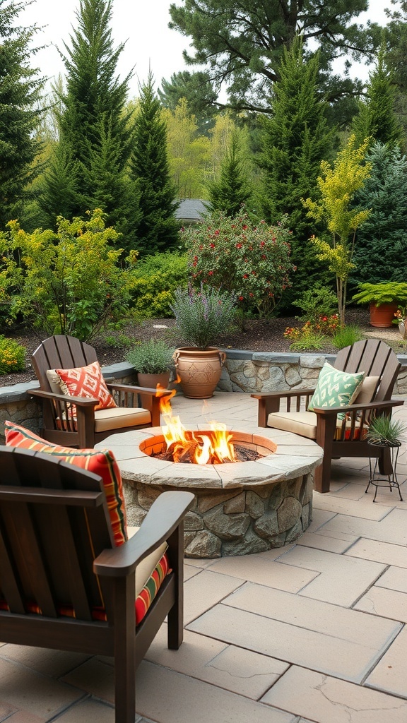 Fire pit area with colorful cushions on wooden chairs surrounded by greenery
