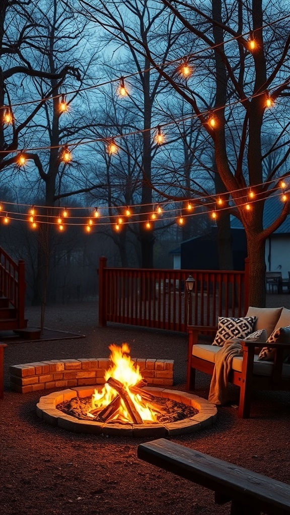 A cozy fire pit area with string lights hanging above, surrounded by trees.