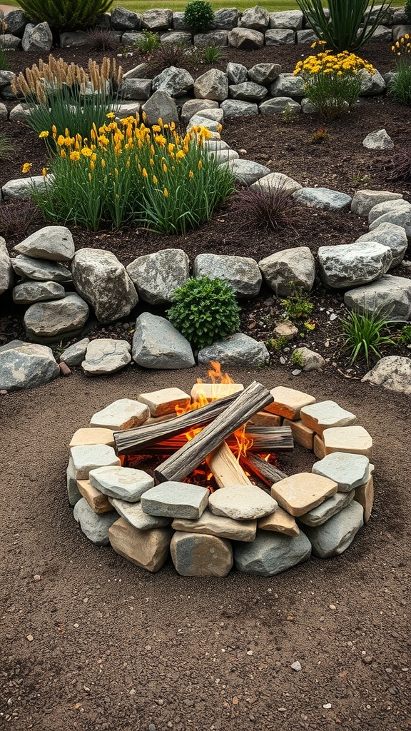 A fire pit made of natural stones surrounded by flowers and greenery.