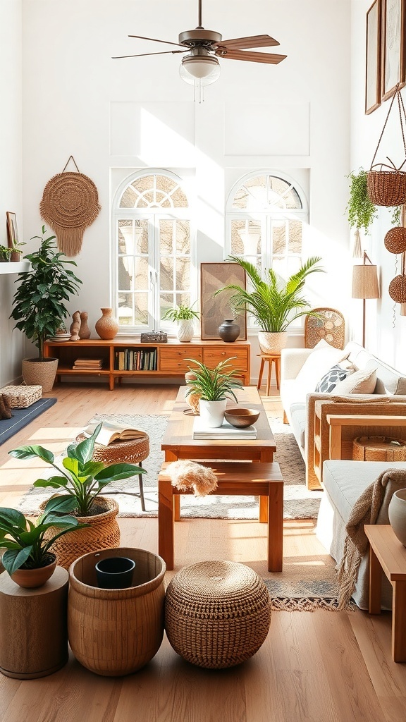 A bright boho living room featuring natural wood accents, plants, and woven textures.