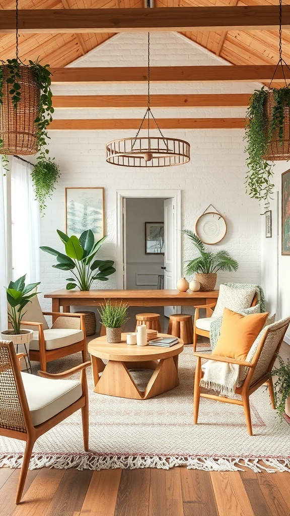 A cozy boho living room featuring wooden furniture, plants, and natural decor.