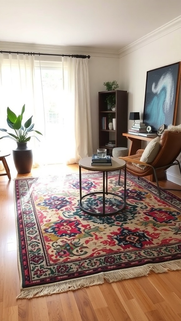 A stylish area rug with vibrant colors and intricate patterns in a cozy living room setting.