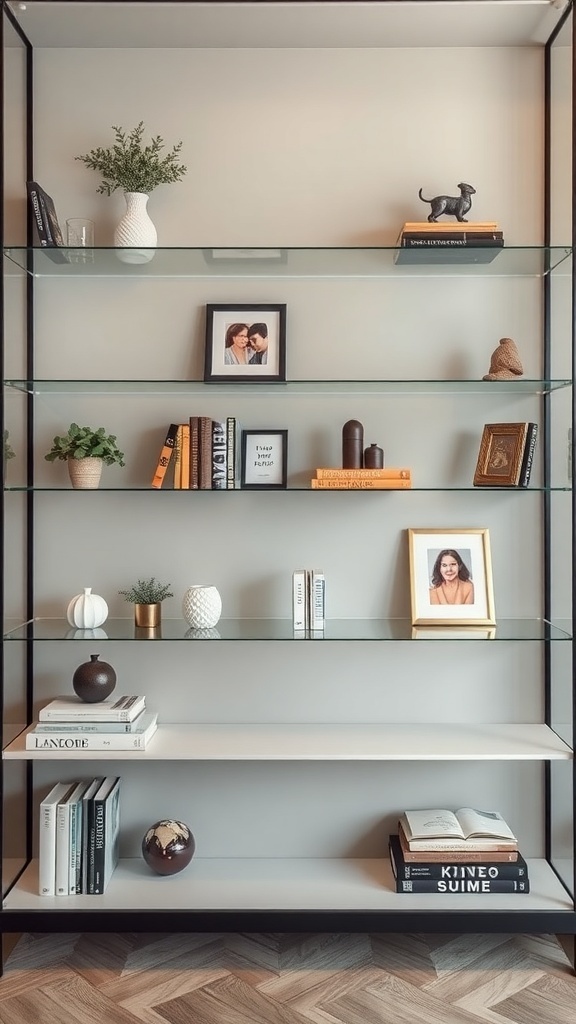 Chic display shelves with books, plants, and decorative items.