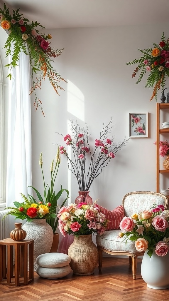 A cozy room decorated with vibrant floral arrangements in various vases, showcasing a cheerful and inviting atmosphere.