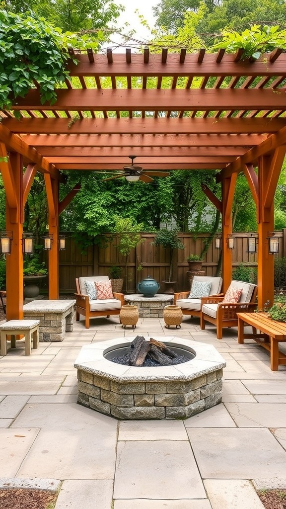 A cozy fire pit area with a wooden pergola, surrounded by greenery and comfortable seating.