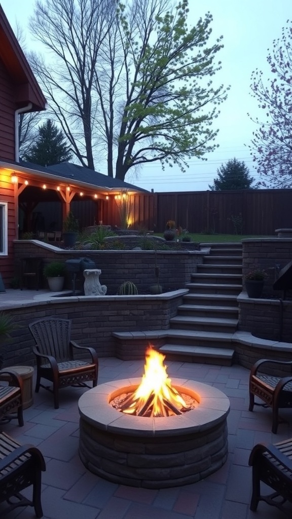 A multi-level fire pit area with seating and steps leading up to a cozy gathering space.