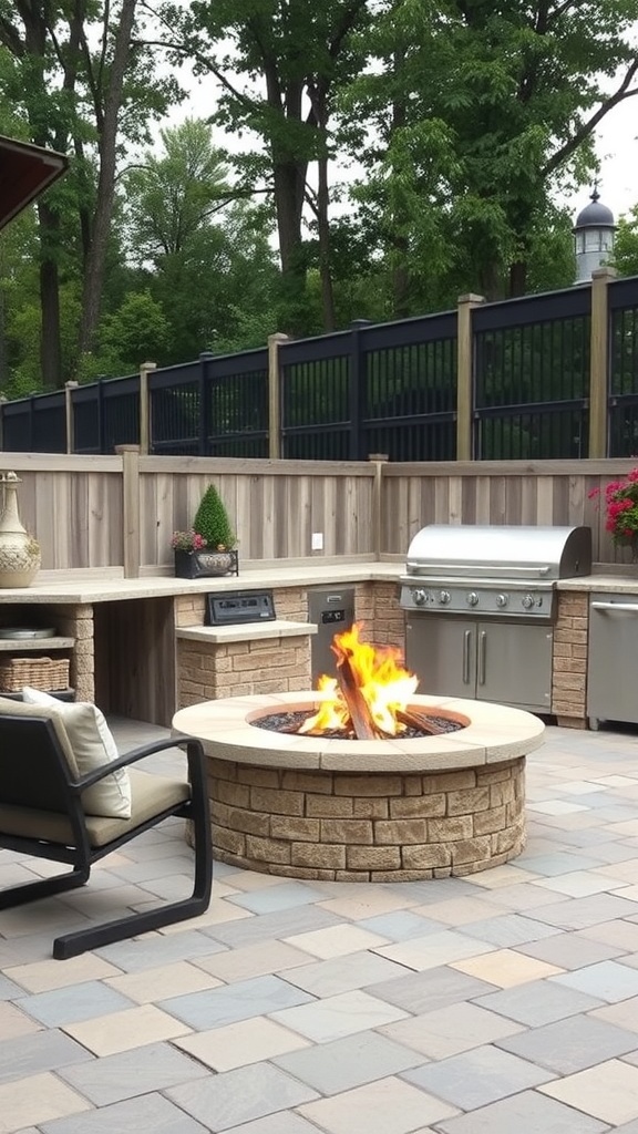 Outdoor kitchen with a fire pit, featuring a stone fire pit, grill, and seating area.