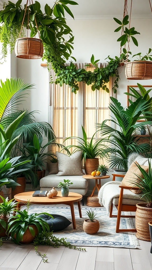 A boho living room filled with various indoor plants, featuring hanging plants and potted greenery.
