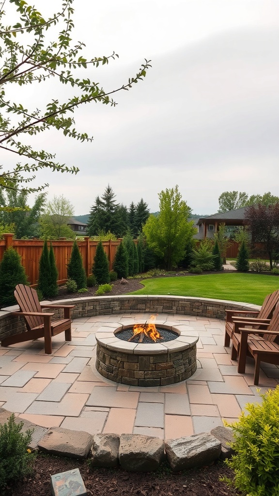 Cozy seating arrangement around a stone fire pit with wooden chairs and a landscaped yard.