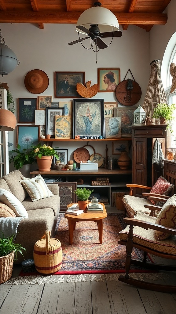 A cozy boho living room featuring vintage decor, plants, and a warm color palette.