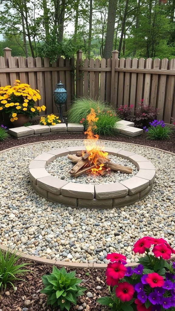 A fire pit surrounded by decorative blue gravel and colorful flowers in pots.