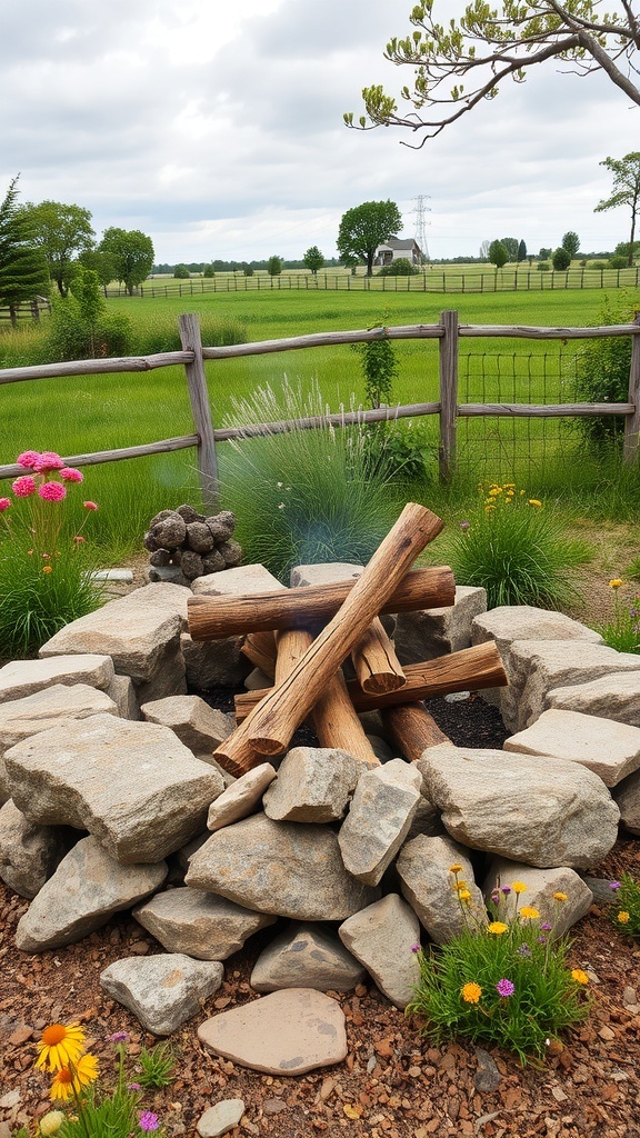 A rustic fire pit area surrounded by natural stones and logs, with colorful flowers and a green landscape in the background.
