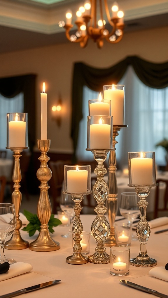 A beautiful table setting featuring various elegant candle arrangements in gold and silver holders.