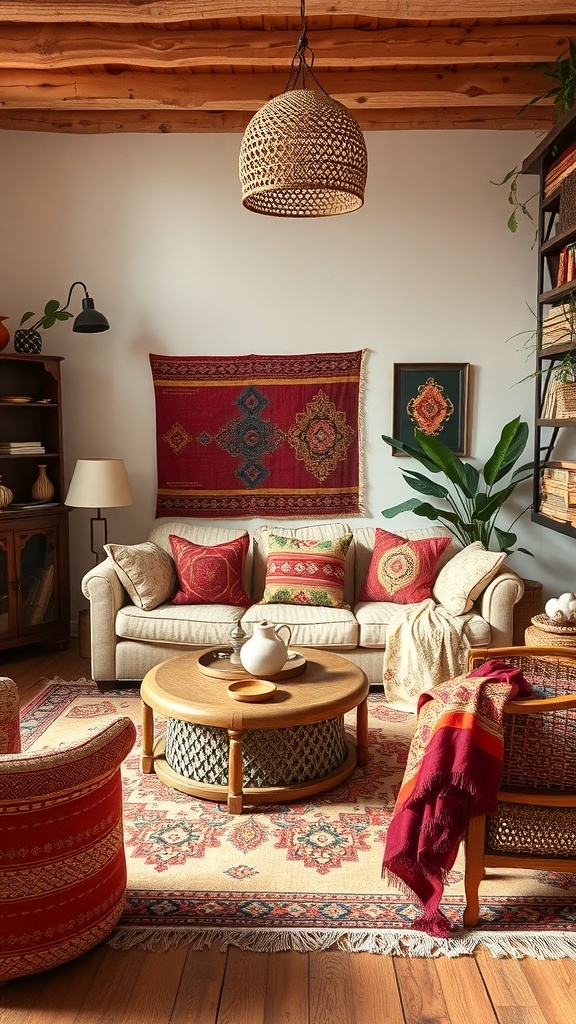 A cozy boho living room featuring ethnic textiles and rugs, with a sofa adorned with colorful pillows and a patterned rug.