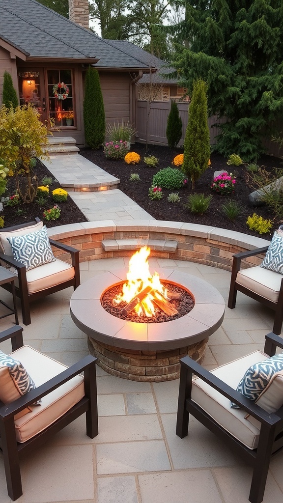 A cozy fire pit table surrounded by chairs in a landscaped backyard.