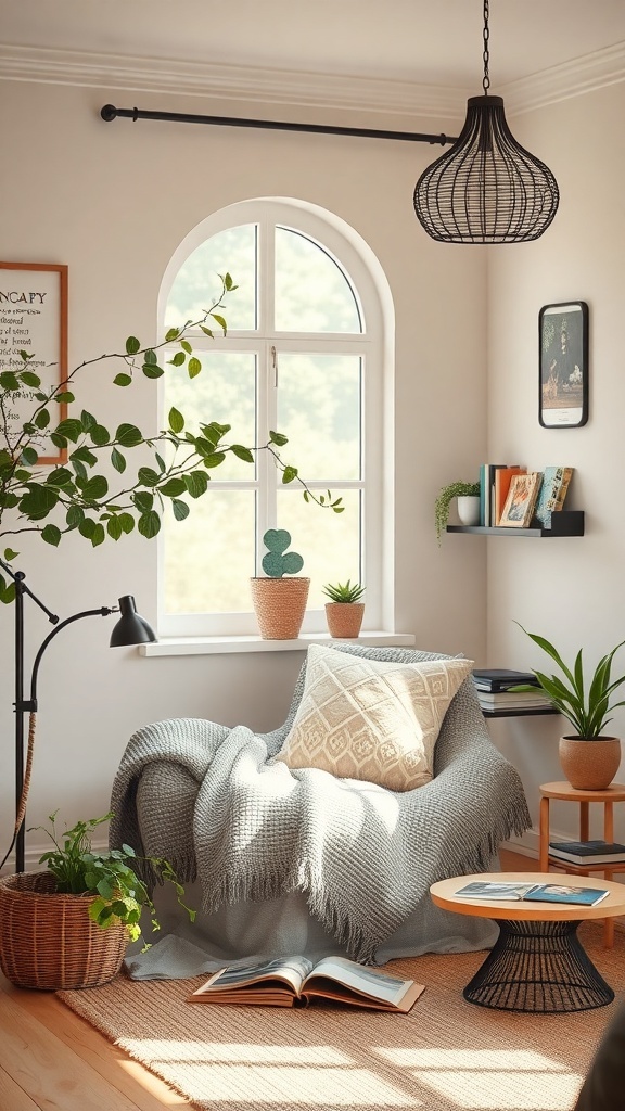 A cozy reading nook featuring a comfortable chair, plants, and natural light.