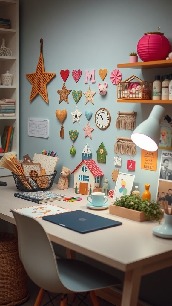 A cozy workspace with colorful DIY crafts on the wall and a neatly organized desk.