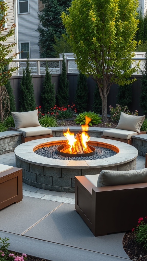 A cozy fire pit with built-in seating surrounded by greenery and flowers.