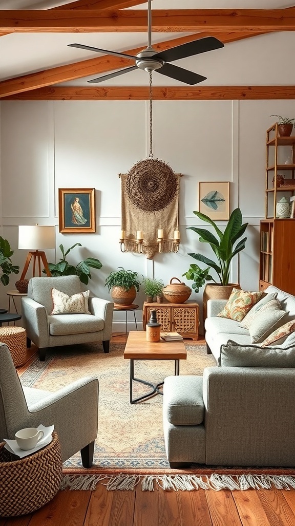 A cozy boho living room with mixed furniture styles, featuring light gray chairs, a wooden coffee table, and various plants.