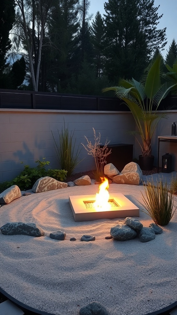 A serene fire pit surrounded by rocks and sand in a Zen garden setting.