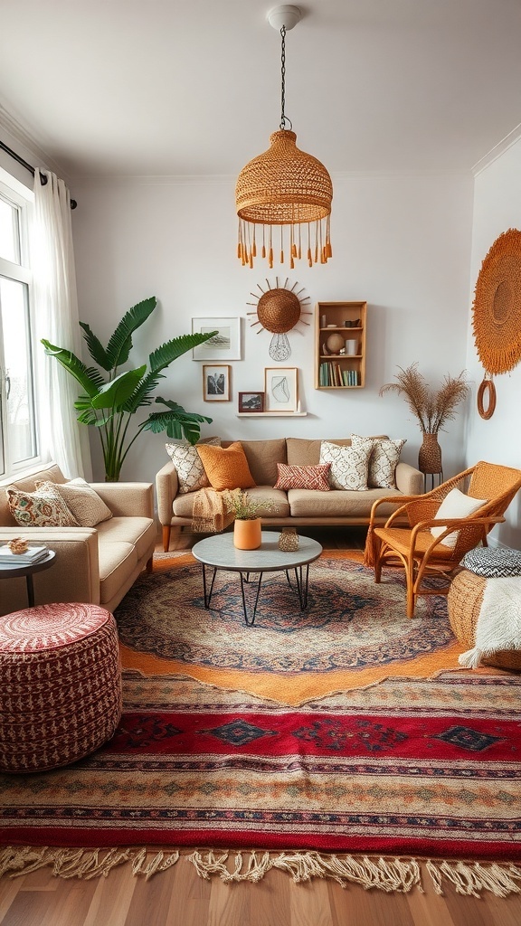 A cozy boho living room with layered textiles, featuring a neutral sofa, colorful throw pillows, patterned rugs, and natural decor.