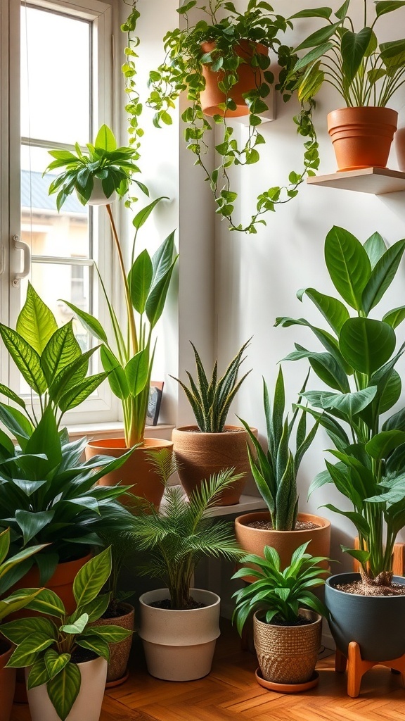A collection of lush indoor plants in various pots near a window.