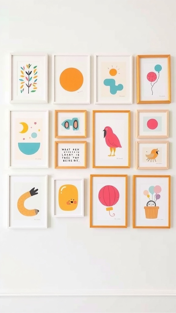 Colorful gallery wall with playful prints including animals, balloons, and abstract shapes.