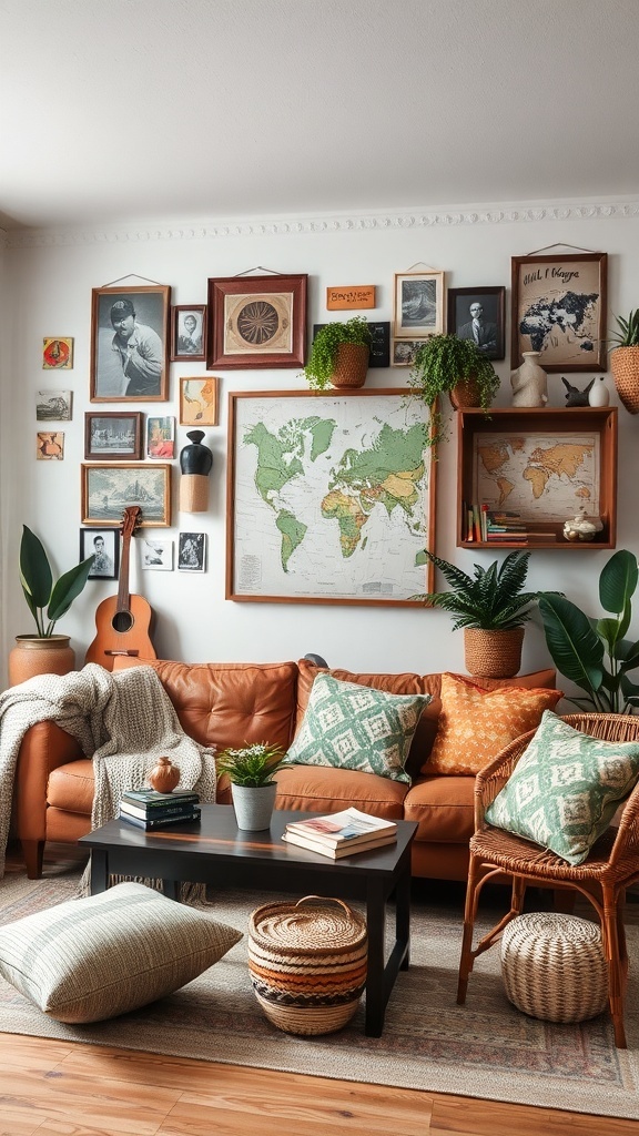 A cozy boho living room with travel mementos on the wall, including a world map and framed photos.