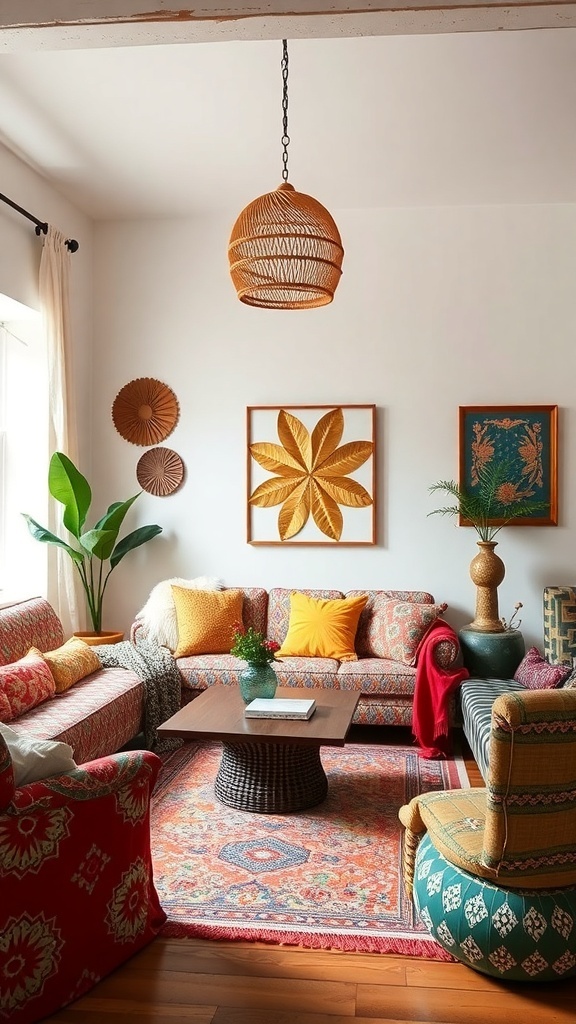A bohemian living room featuring bold patterns and vibrant colors with floral and geometric prints on furniture.
