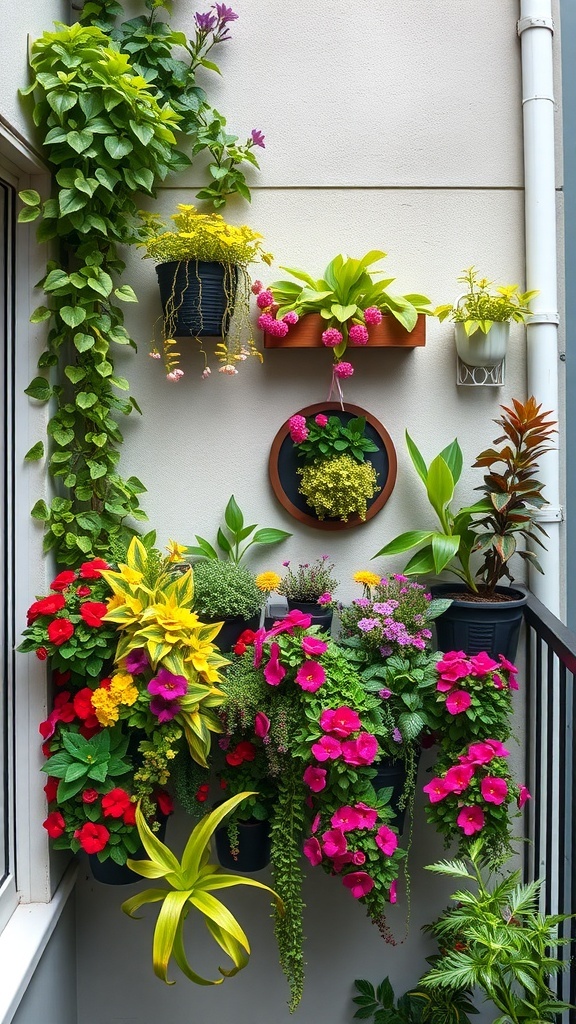 A vibrant vertical garden with colorful flowers and greenery on a wall.