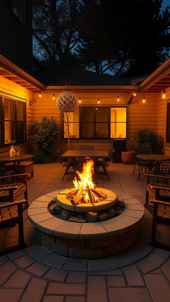 A cozy courtyard with a fire pit surrounded by seating and string lights.