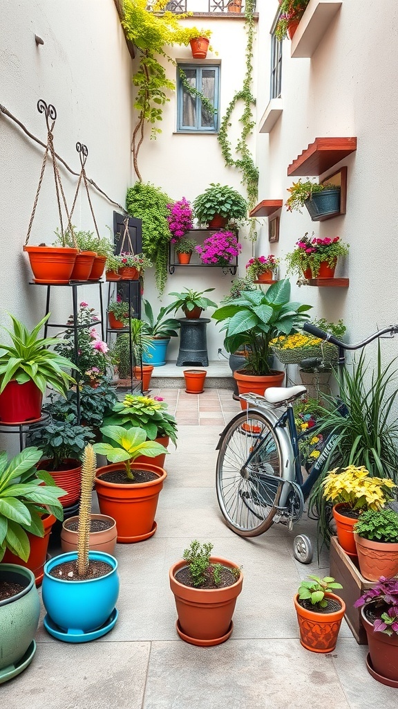 A small courtyard filled with colorful potted plants and a bicycle.