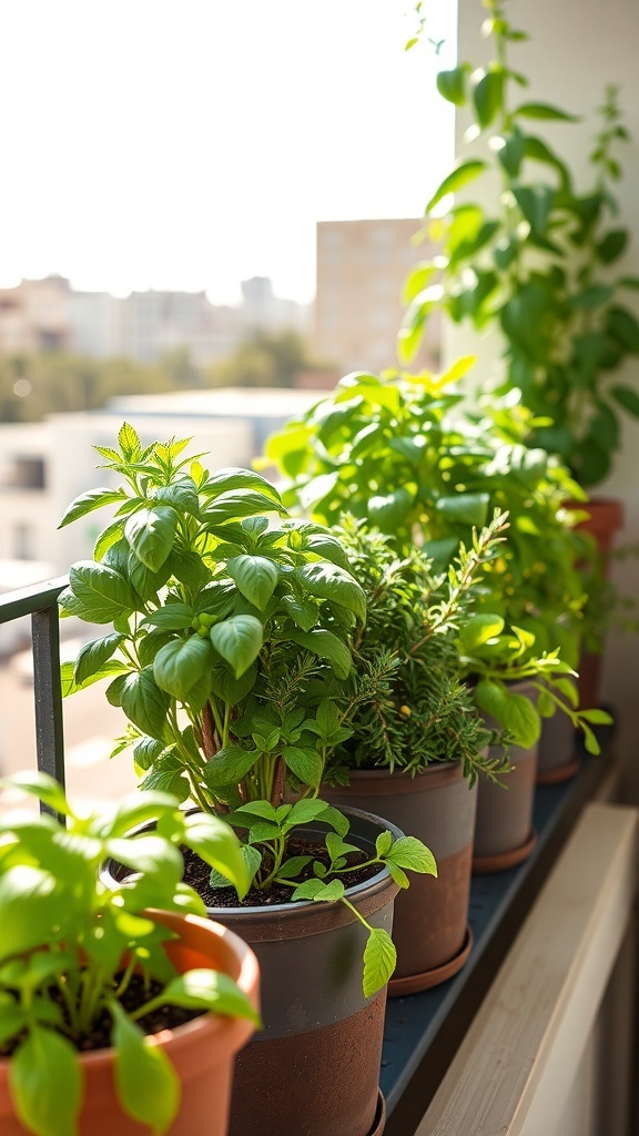 A small balcony garden with various herbs in pots, showcasing vibrant green plants.